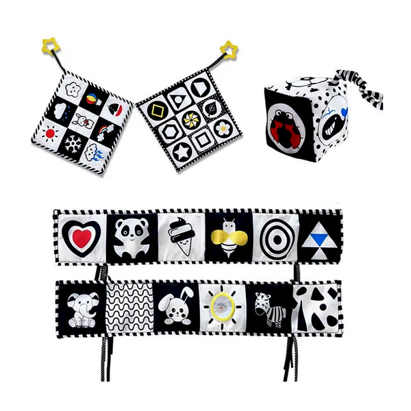 Black & White Bed Surround Cloth Book Saliva Towel Hanging Rattle (Set 3pcs)