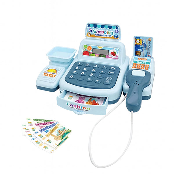 Toy cash register with accessories on a white background