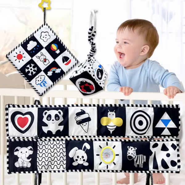 Black & White Bed Surround Cloth Book Saliva Towel Hanging Rattle (Set 3pcs)